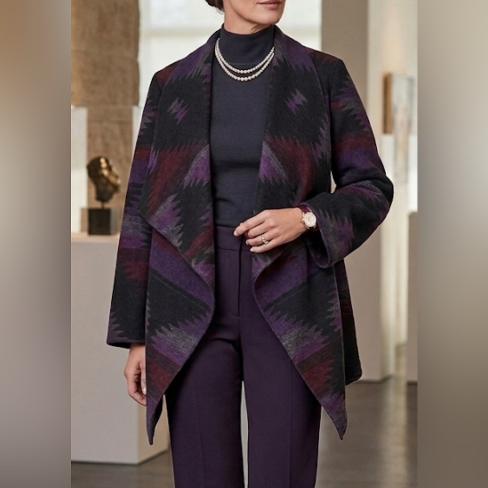 Mo-Ka Santa Fe Apparel Southwestern Geometric Open Front Draped Jacket Purple 2X